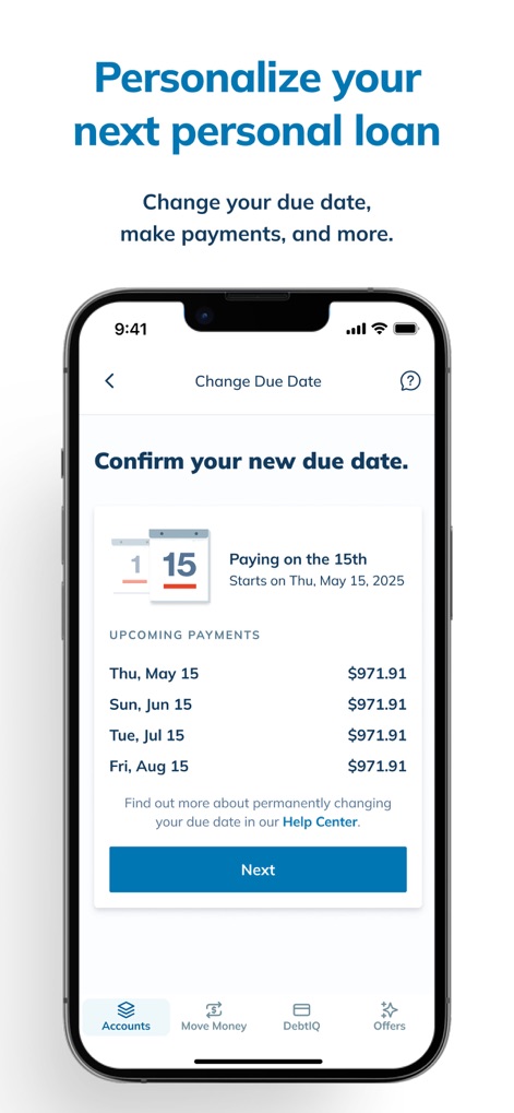 LendingClub: Banking and More - Users can easily adjust their loan due dates through an intuitive calendar interface and review upcoming payment schedules for financial planning.
