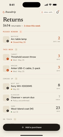 Roundtrip Returns iPhone screenshot