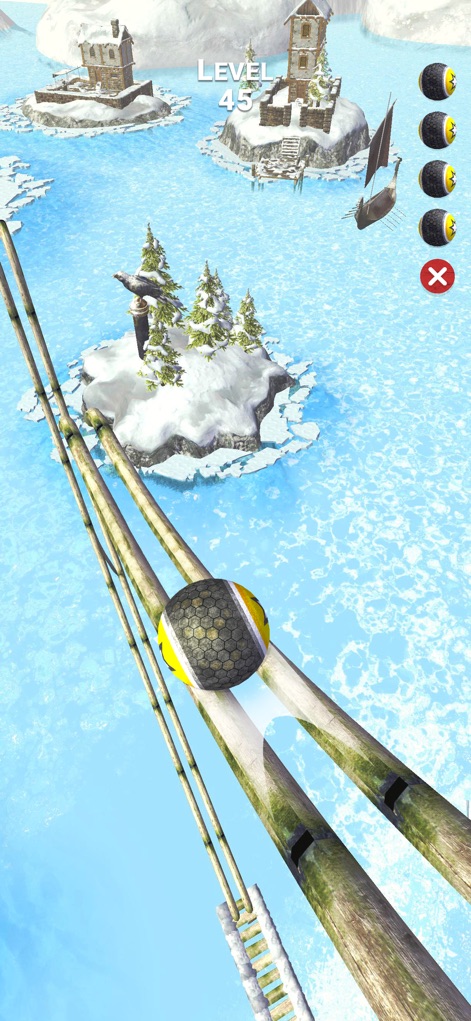 Rollance : Adventure Balls - This tool presents a frosty arctic landscape where a distinctive yellow and black patterned ball must traverse precarious narrow bamboo-like paths.