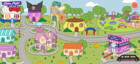 Hello Kitty And Friends World - Users can explore a sprawling city map, showcasing distinct themed houses and the dazzling Ribbon’s Club nightclub.