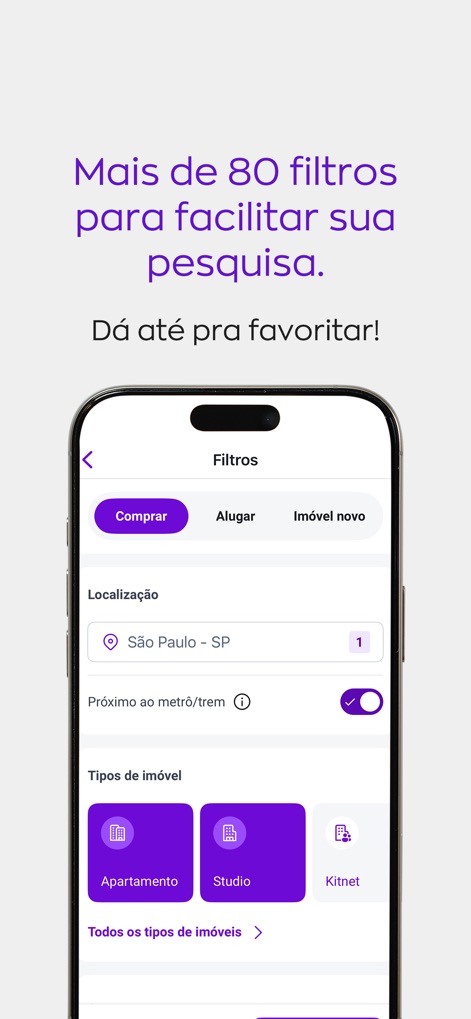 ZAP Imóveis | Compra e Aluguel - 이 앱은 '구매', '임대', '신규' 등 다양한 부동산 유형 필터와 위치(예: São Paulo - SP)를 기준으로 80개 이상의 상세 검색 옵션을 제공합니다.