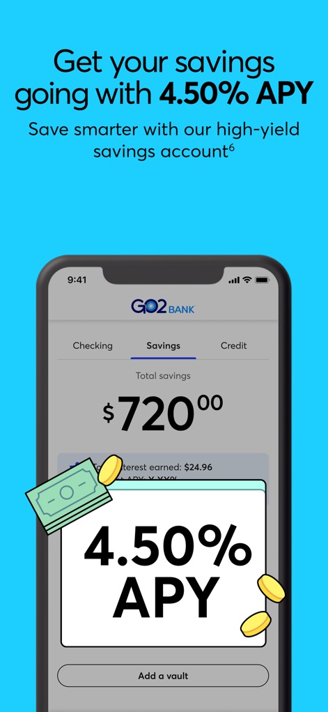 GO2bank: Mobile banking - Users can view their total savings balance within the dedicated 'Savings' tab and instantly see the impressive 4.50% APY offer.