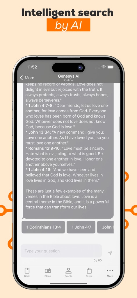 Bible Offline JFA - Los usuarios pueden interactuar con la función 'Genesis AI' para explorar preguntas bíblicas, como se muestra en la conversación sobre versículos de amor. La capacidad de 'Type your question' subraya la interactividad de esta 'Intelligent search by AI'.
