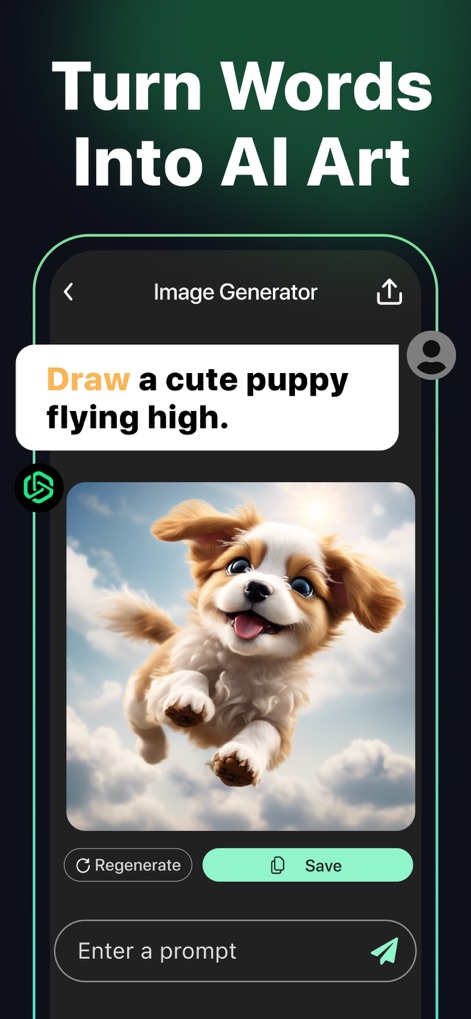 AI Chat − AI Chatbot Assistant - This tool empowers users to visualize concepts, as seen by the prompt 'Draw a cute puppy flying high' and the subsequent 'AI-generated image' of a flying puppy.