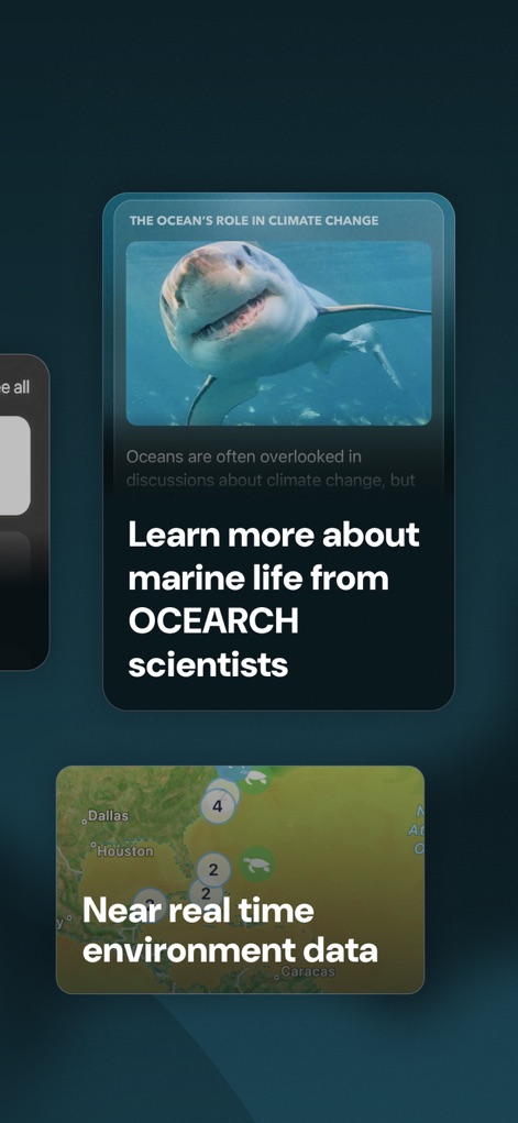 OCEARCH Shark Tracker™ - L'app fornisce contenuti educativi dettagliati, come la scheda informativa sul 'ruolo dell'oceano nel cambiamento climatico' e la mappa interattiva con i dati ambientali quasi in tempo reale.
