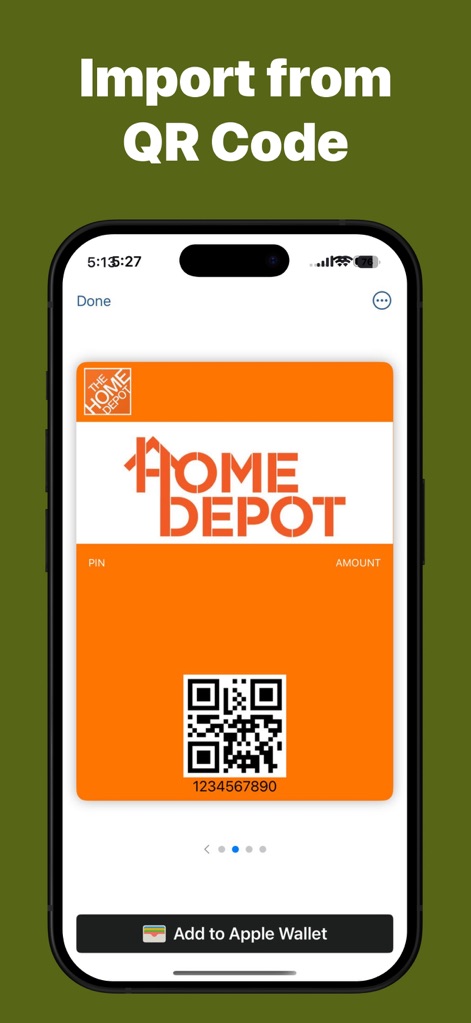 Wallet Creator: Passbook Cards - See how easy it is to import passes using QR codes, as demonstrated by a Home Depot gift card seamlessly displayed with its unique QR identifier for digital use.