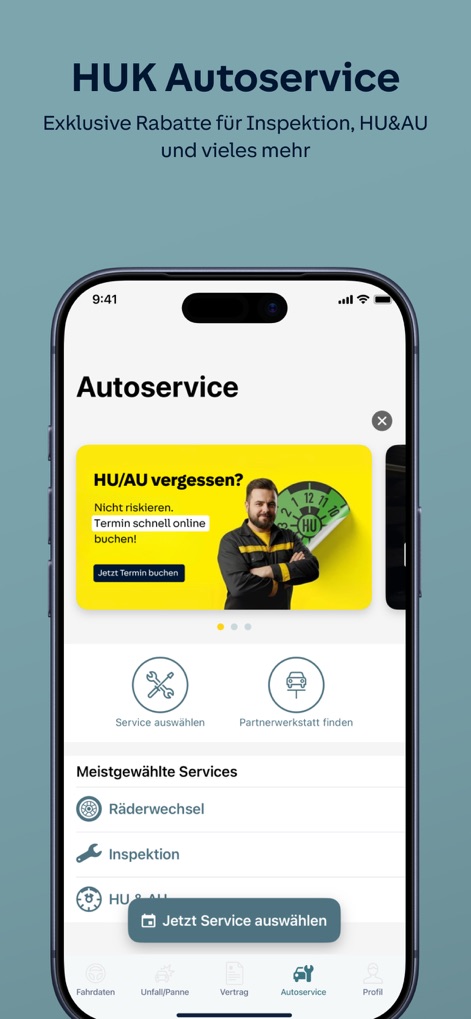 HUK Mein Auto - Book essential vehicle services like inspections or tire changes, and easily locate partner workshops for convenient maintenance scheduling.