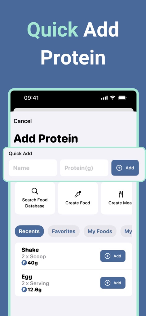 Protein Tracker: Protein Pal - El proceso de añadir proteínas es intuitivo, presentando campos de entrada rápida para el nombre y la cantidad de proteína, junto con opciones para buscar en la base de datos o crear alimentos.