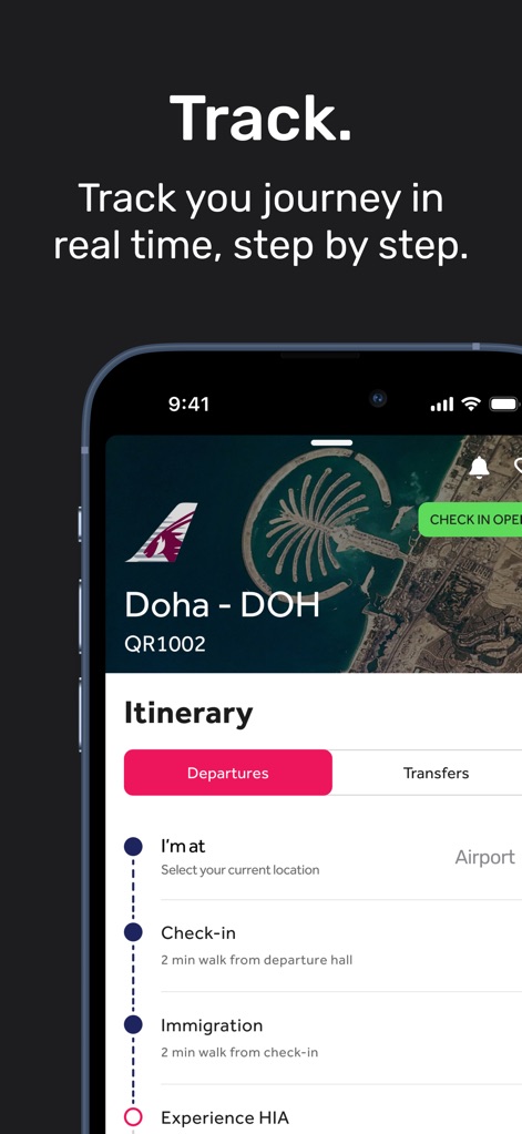 HIA Qatar - The app provides real-time journey tracking with a personalized 'Itinerary' that details steps like 'Check-in' and 'Immigration' for an organized travel flow.