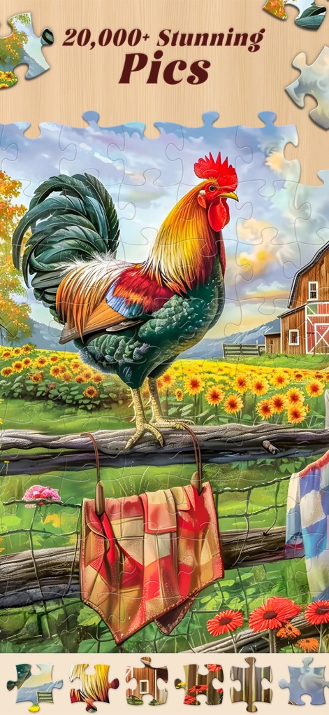 Jigsaw Master - Jigsaw Puzzles - Explore the app's '20,000+ Stunning Pics' collection, featuring highly detailed animal subjects like this rooster and rich background elements.