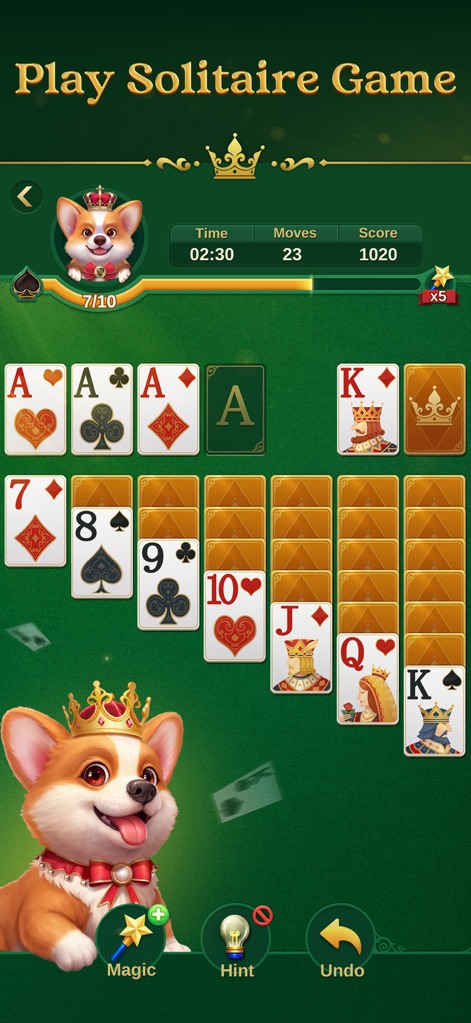 Jenny Solitaire - Card Games - Users can experience traditional Solitaire gameplay, enhanced by the adorable corgi companion Jenny and helpful tools like Magic and Hint for strategic play.