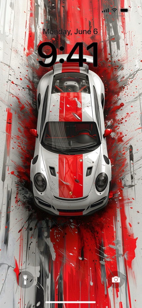 Cone AI Wallpapers 4K & 6К HD - The app offers unique artistic wallpapers, exemplified here by a white sports car with striking red paint splatters, perfectly integrated into the lock screen display.