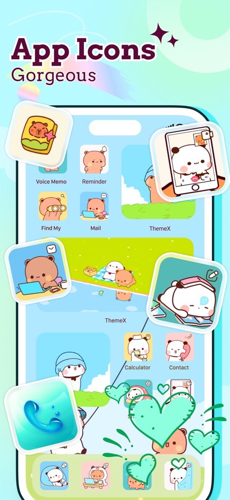 ThemeX: App Icons & My Widgets - Os usuários podem refrescar seus ícones de aplicativos com a extensa coleção do ThemeX, como mostrado nesta tela com ícones de aplicativos adoráveis com personagens de urso e widgets correspondentes, adicionando um toque de fofura.