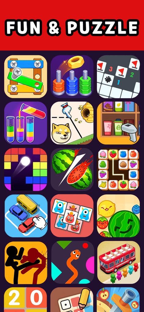 99 Games-Offline Games No Wifi - Esta imagem ressalta a seção "FUN & PUZZLE" do aplicativo, exibindo uma gama de jogos envolventes como o desafiador quebra-cabeça de parafusos e o intrigante jogo de arranjo de tubos de ensaio.