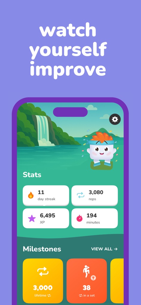 Home Workouts & Fitness | Luvu - Users can monitor their fitness journey with a comprehensive 'Stats' overview, tracking achievements like their daily streak and valuable XP.