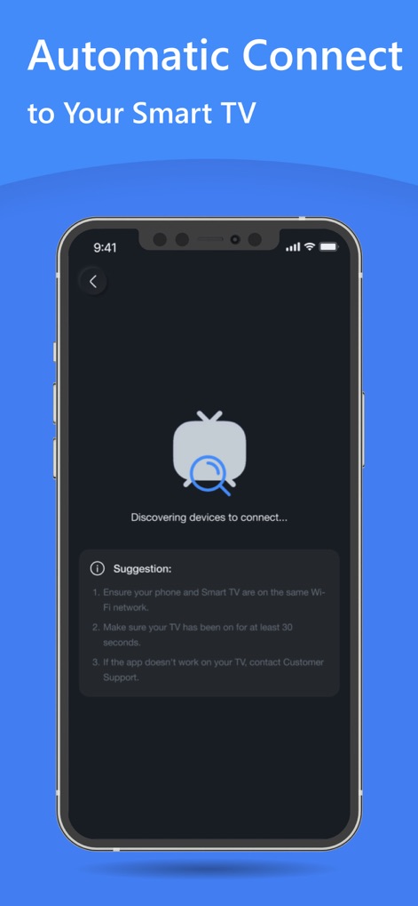 SmartRemote: TV Remote Control - Witness the app's effortless device discovery process and clear Wi-Fi network connection instructions, ensuring users can quickly link their smartphone to their TV.