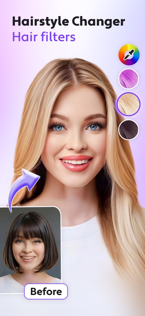 Cosmo: AI Editor, Hair Filters - Users can instantly preview new hairstyles and experiment with various hair colors from a vibrant palette to find their perfect look.