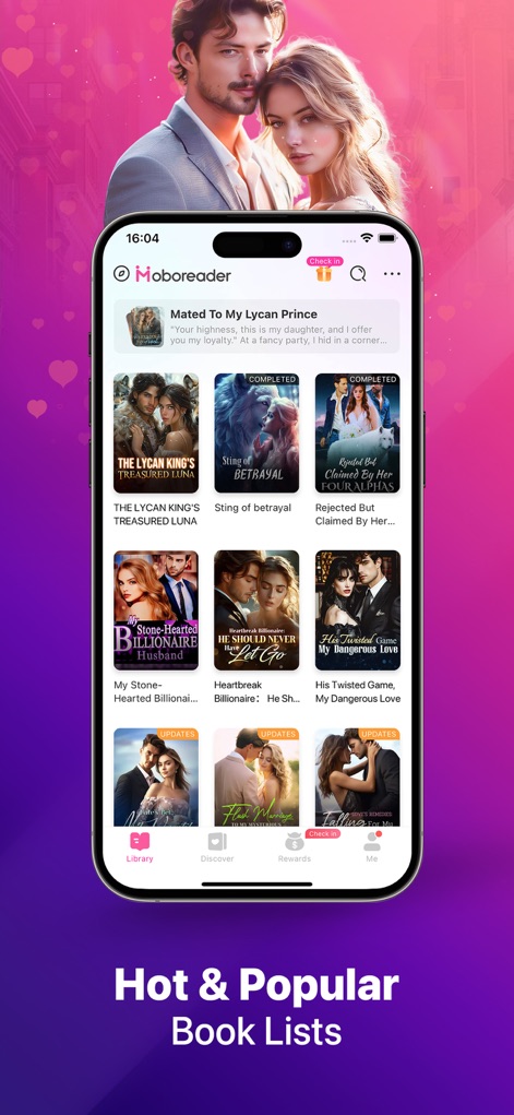 MoboReader: Top Novels & Books - Users can easily find their next read by browsing "Hot & Popular Book Lists" and visually appealing novel covers featuring diverse romantic themes.