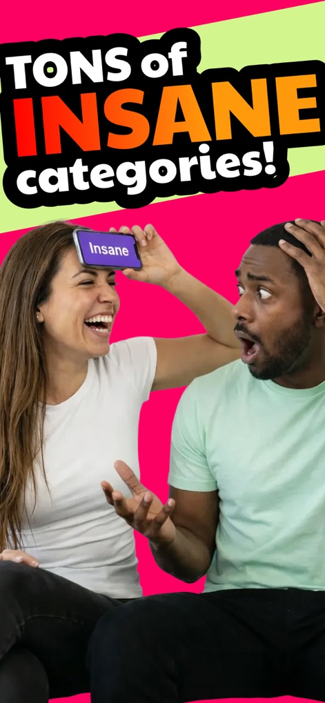 Guess the Word! Charades Game - The app offers a vast array of engaging categories, with the screenshot highlighting the "Insane" category displayed on the phone and the enthusiastic reactions of the players.