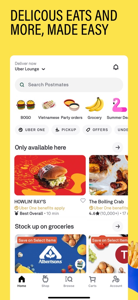 Postmates - Food Delivery - Users can effortlessly browse diverse restaurant listings like 'Howlin' Ray's' and 'The Boiling Crab,' while also accessing essential grocery store options such as 'Albertsons' directly from the main feed.