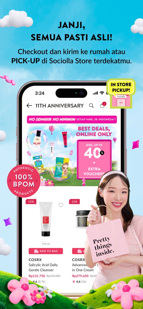 SOCO by Sociolla - 이 화면은 사용자가 다양한 뷰티 제품을 탐색할 수 있는 쇼핑 인터페이스를 보여줍니다. 'AUTHENTIC 100% BPOM Products' 배지와 'IN STORE PICKUP!' 옵션이 신뢰성과 편의성을 강조합니다.