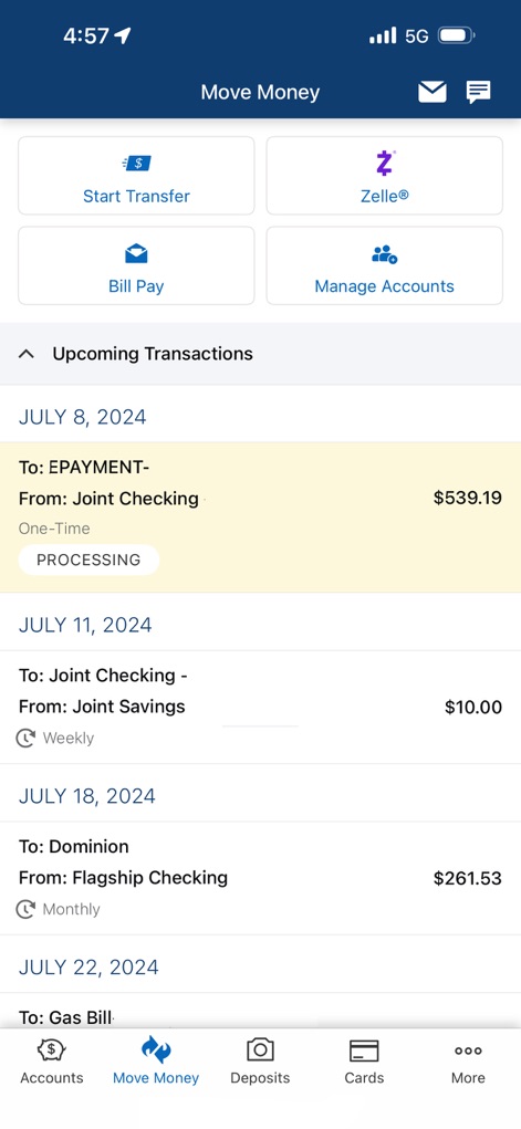 Navy Federal Credit Union - The app simplifies money movement with options like Zelle® and Bill Pay, and clearly displays upcoming transactions with their scheduled dates.