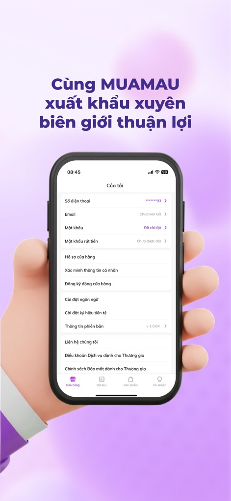 Muamau Seller - The app offers extensive personalized controls, allowing users to manage account settings like phone and email details, and customize preferences such as language and currency.