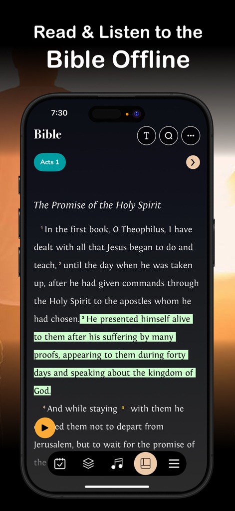 Daily Bread Devotional for Men - Cet outil permet de lire et d'écouter la Bible hors ligne, avec du texte surligné dans Actes 1 et une option de lecture audio disponible via le bouton de lecture.