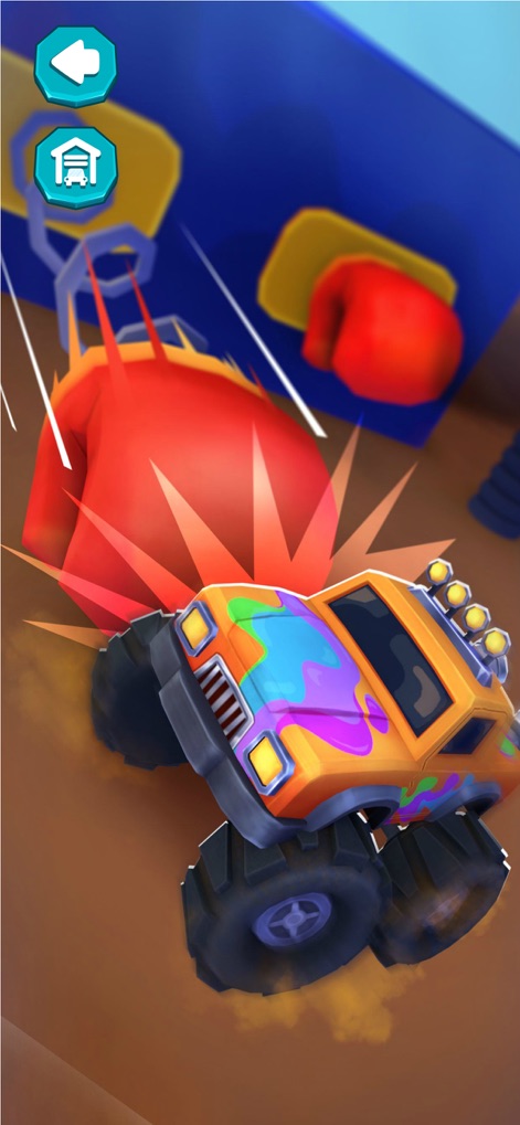 Monster Truck Games for Kids . - See the creatively painted monster truck confidently navigating past a massive red boxing glove obstacle, leaving a trail of dust.