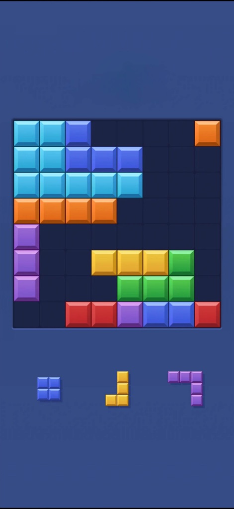 Block Blast - Fun Block Games - Users can strategically place diverse colored blocks onto the main game grid, while anticipating the incoming pieces displayed at the bottom.