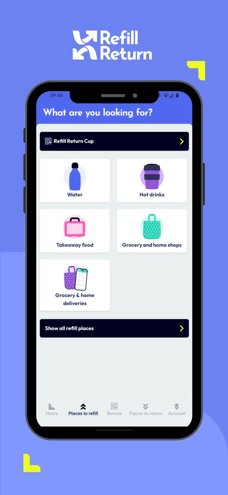 Refill Return - O aplicativo oferece uma gama diversificada de categorias para necessidades de recarga, apresentando opções como 'Bebidas quentes' e 'Comida para viagem' em um formato de grade intuitivo.