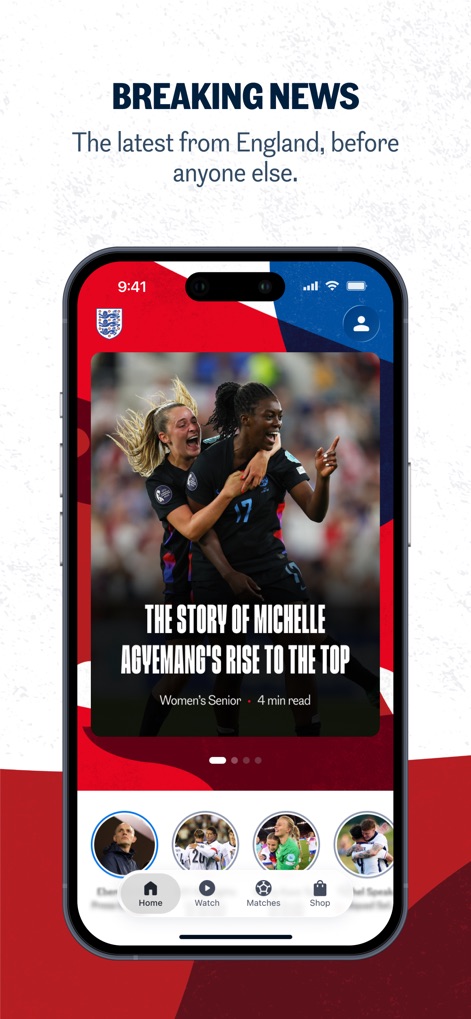 The Official England App - The app provides immediate access to breaking news articles, prominently displaying headlines and images, and features a user-friendly bottom navigation bar for seamless browsing.