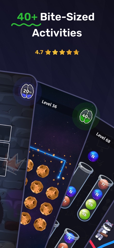 Clever: Brain Training Games - Explore the app's extensive library with a test tube puzzle that tests logical arrangement and an asteroid-themed challenge enhancing spatial reasoning.