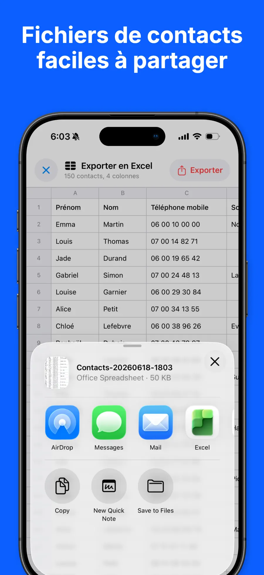 Contacts Backup & Transfer sur iPhone avec les contacts prêts à être exportés vers Excel, CSV, PDF ou vCard (5/6)
