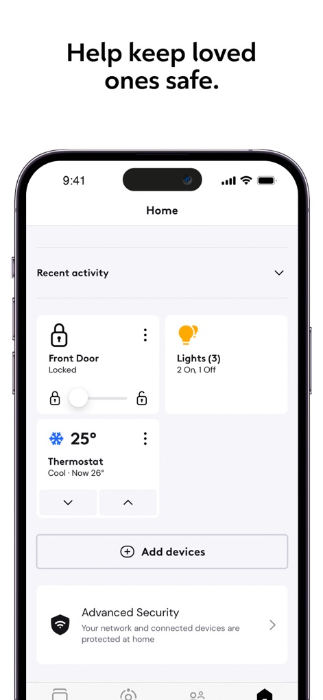 Rogers Xfinity - This screen offers an integrated view of home security and automation, displaying the status of the 'Front Door' lock and the overall 'Advanced Security' protection.