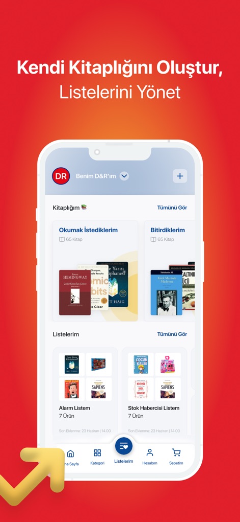 D&R - O painel "Minhas Listas" permite aos usuários gerenciar suas preferências, com seções dedicadas a livros "Quero Ler" e uma "Lista de Alerta de Estoque" para itens desejados.