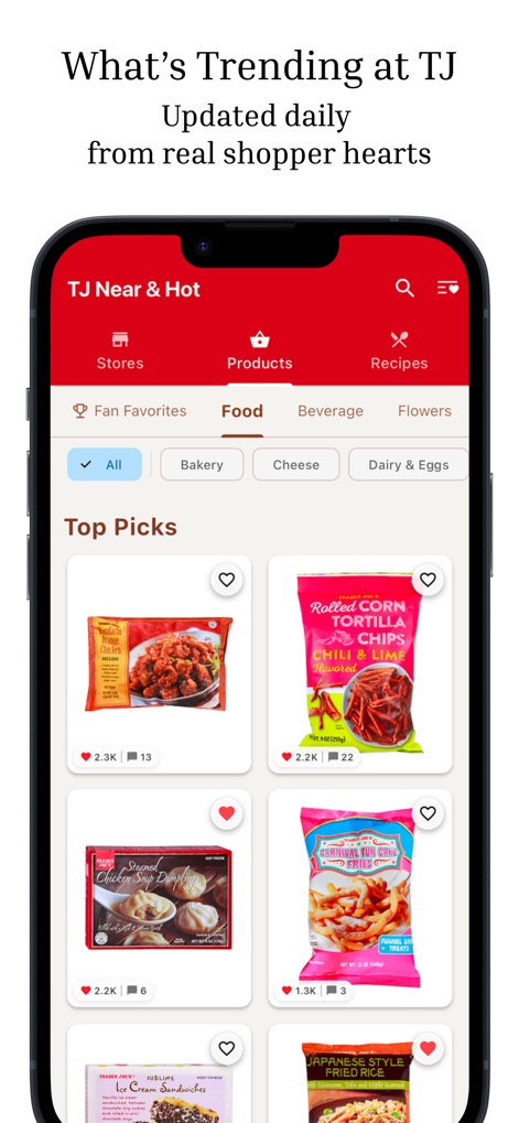 TJ Near & Hot: Local Finds - This tool presents a curated list of 'Top Picks' and allows users to browse various product 'categories' such as Food and Beverage.