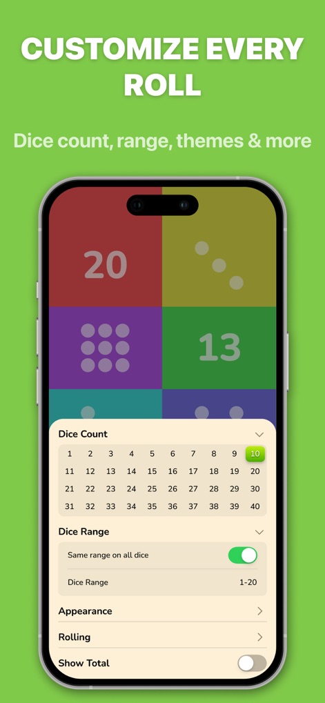 Dice Roller – Up to 40 Dice - Diese Ansicht zeigt die umfassenden Möglichkeiten zur Anpassung der Würfelanzahl und Konfiguration spezifischer Bereichseinstellungen für jeden Wurf.