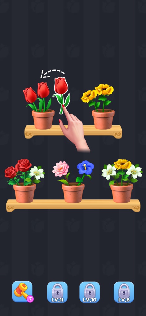 Blossom Sort® - Flower Games - Esta captura muestra la mecánica central de clasificación de flores mediante un gesto táctil intuitivo (X), con una clara visualización de los niveles bloqueados que los usuarios pueden desbloquear (Y).