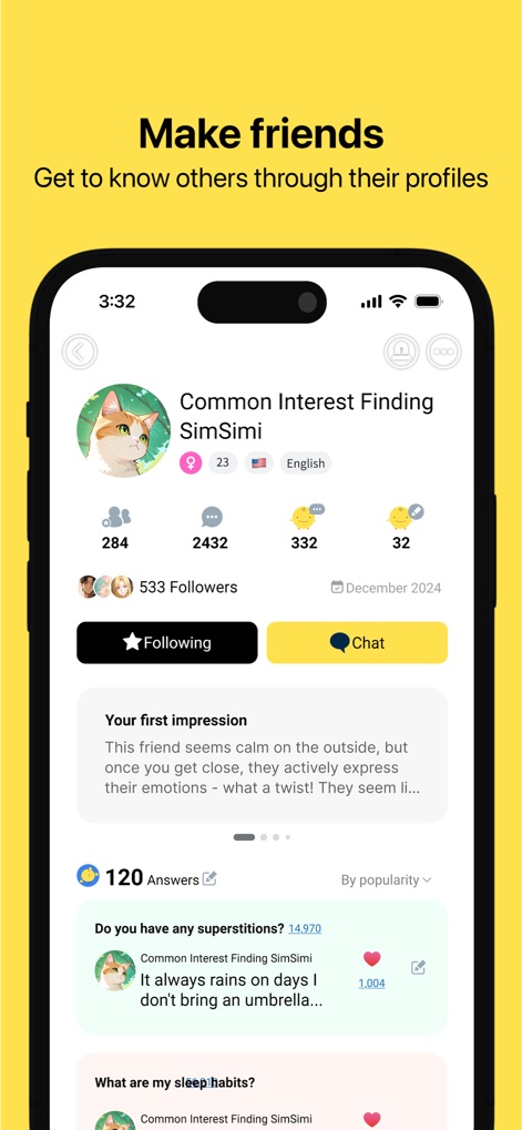 SimSimi - Examine detailed character profiles, highlighting key interaction statistics and a community-driven Q&A section for insights.