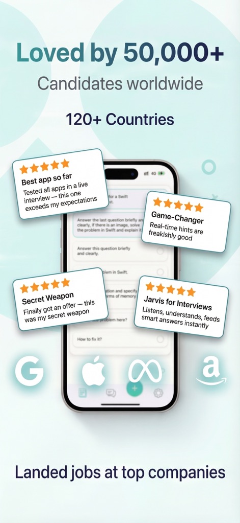 Interview AI Copilot: IT Buddy - A imagem ressalta a popularidade do aplicativo com avaliações de usuários e testemunhos positivos, e o reconhecimento de grandes empresas representadas por seus logotipos na parte inferior.