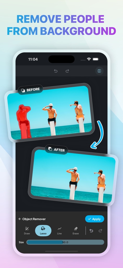 Photo Remove Unwanted Object - Gli utenti possono selezionare rapidamente un oggetto indesiderato, come la figura evidenziata in rosso, e vederlo scomparire completamente, perfezionando lo sfondo come illustrato nel 'dopo'.