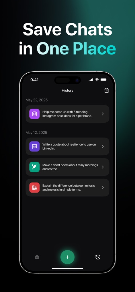 Chatbot AI: AI Chat Assistant - The app maintains a comprehensive 'History' feature, allowing users to easily review past interactions by date and quickly identify previous conversation topics like '5 trending instagram post ideas' or 'quote about resilience'.