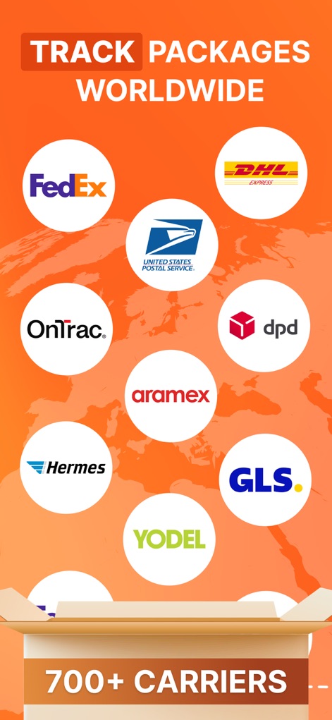 Package Delivery Tracker App - Die App demonstriert die umfangreiche Integration mit über 700 internationalen und lokalen Versanddienstleistern, die durch die Vielzahl der prominenten Carrier-Logos und den Hinweis auf die "700+ Carriers" hervorgehoben wird.