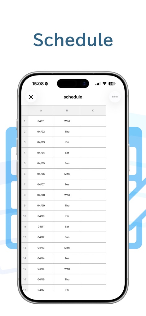 Table Notes Spreadsheet maker - A imagem exibe uma tela de agenda onde os usuários podem organizar compromissos, mostrando as colunas com datas como "04/01" e os dias da semana como "Wed" para uma visualização clara.