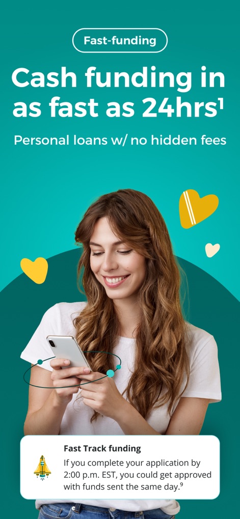 Upstart: Personal Loans + More - Das visuelle Element unterstreicht die "Cash funding in as fast as 24hrs¹" und liefert Details zur "Fast Track funding"-Option für eine schnelle Bearbeitung.