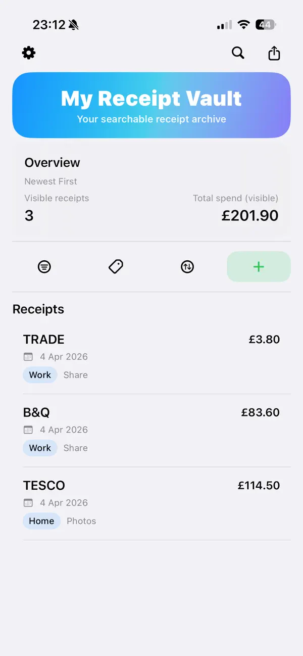 Screenshot #1 pour My Receipt Vault