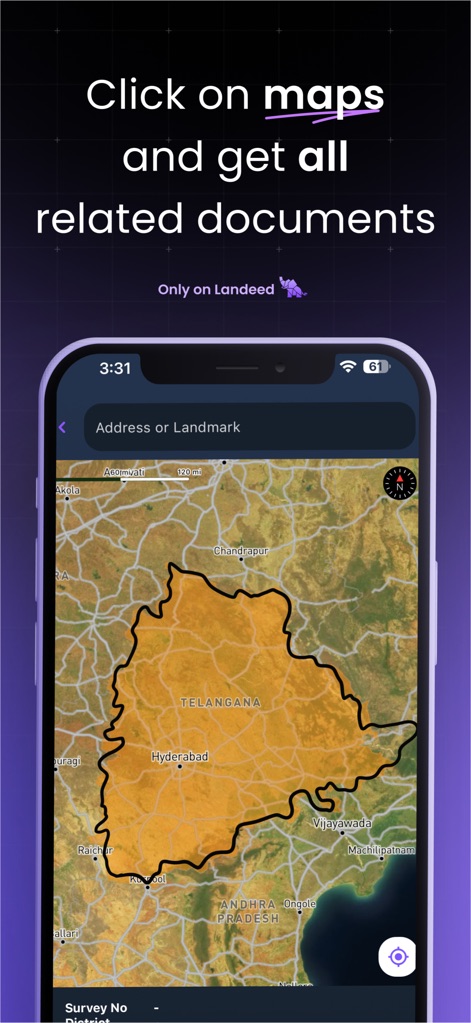 Landeed – Land Records & Bills - This tool allows users to navigate property data through interactive 'maps', visually highlighting regions like 'Telangana' for location-based document retrieval.