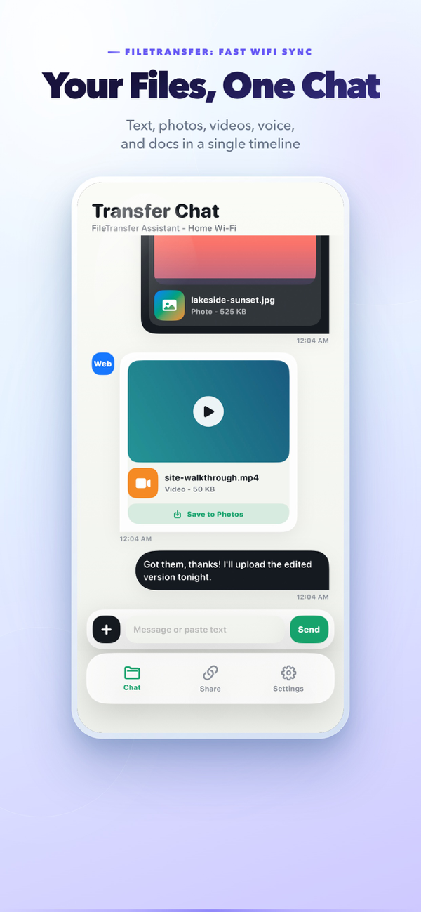 FileTransfer chat timeline with photos, videos, and files