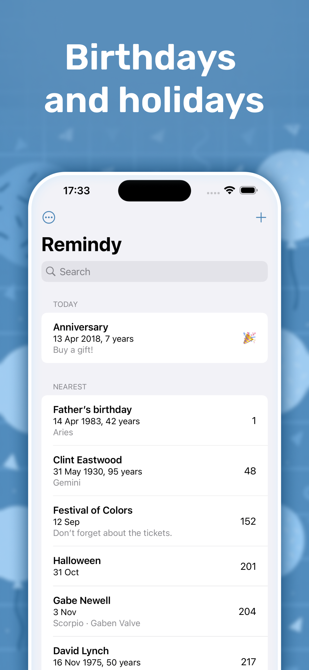 Remindy: birthdays, holidays